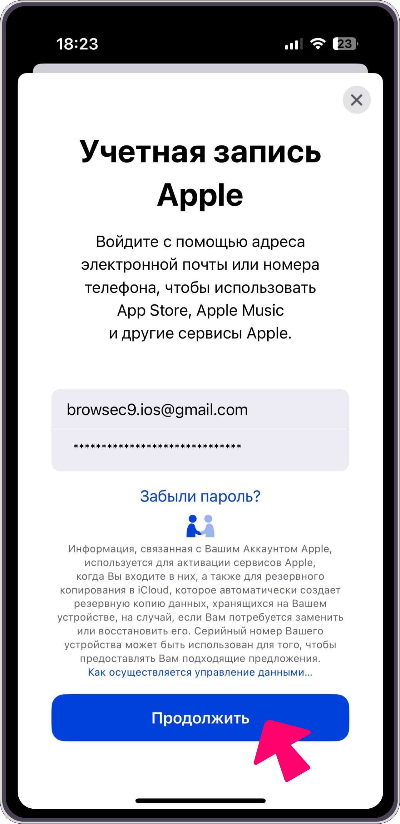 Ввод данных аккаунта